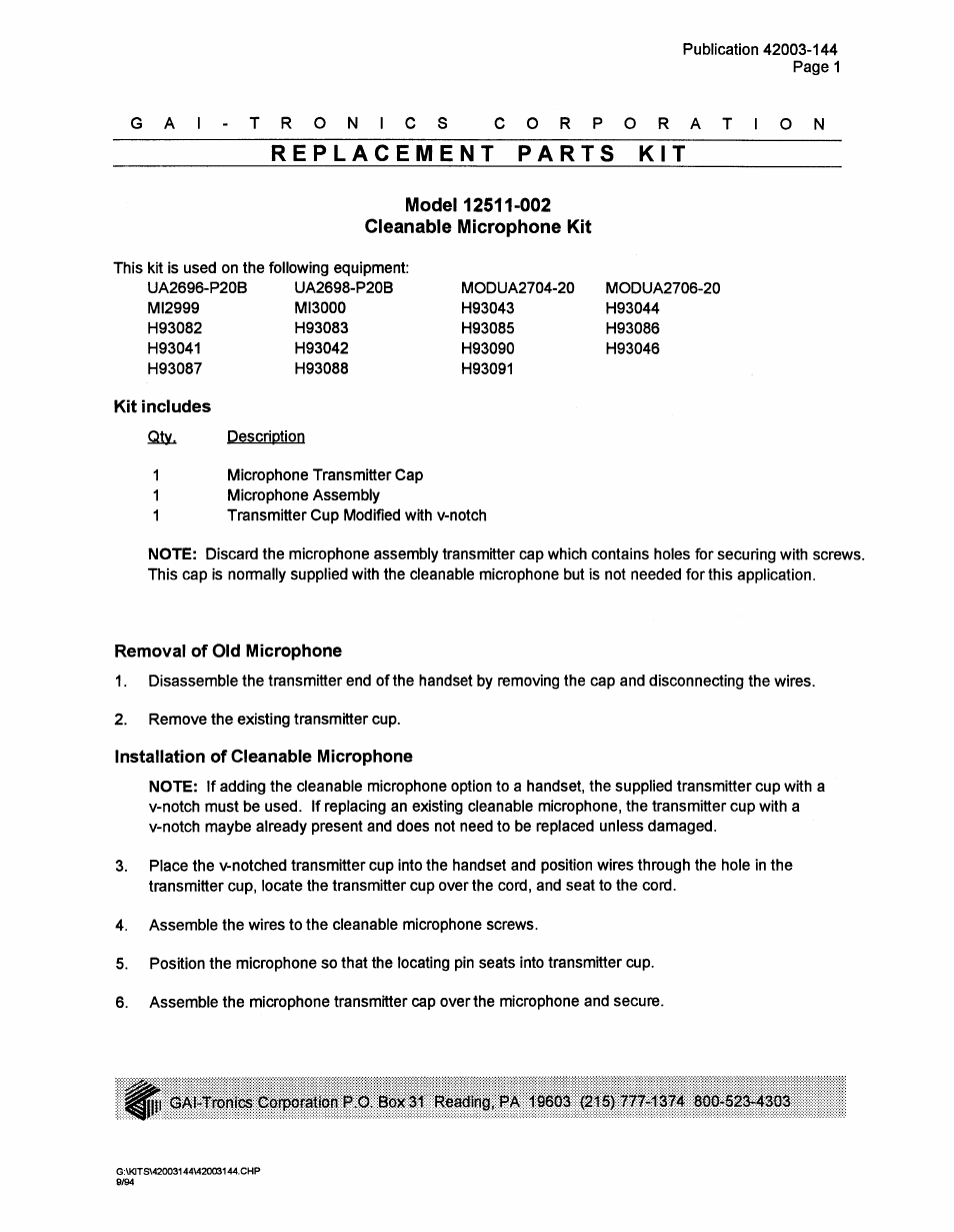 GAI-Tronics 12511-002 Cleanable Microphone Kit User Manual | 2 pages