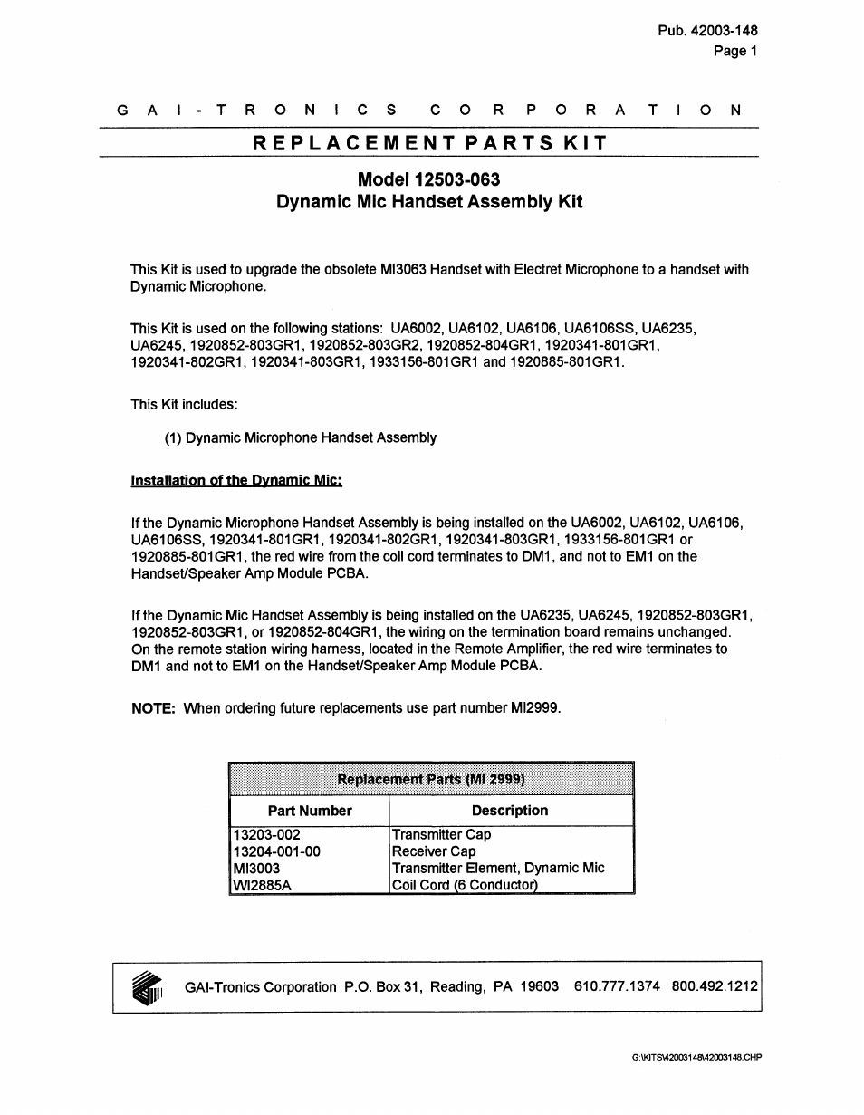 GAI-Tronics 12503-063 MI3063 Replacement Microphone Kit - 6000 Call/Talk User Manual | 2 pages