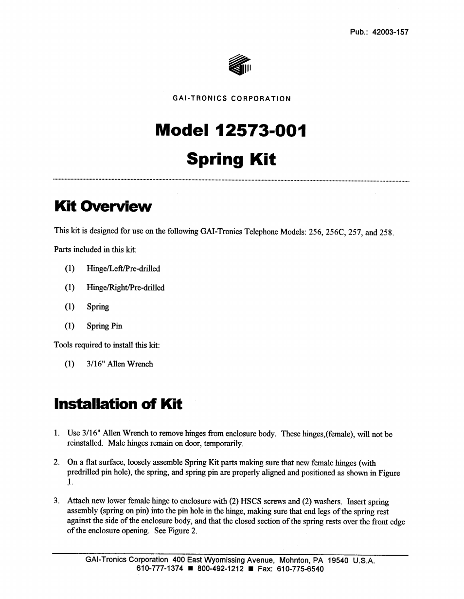 GAI-Tronics 12573-001 Spring Door Return Kit for 256 User Manual | 4 pages