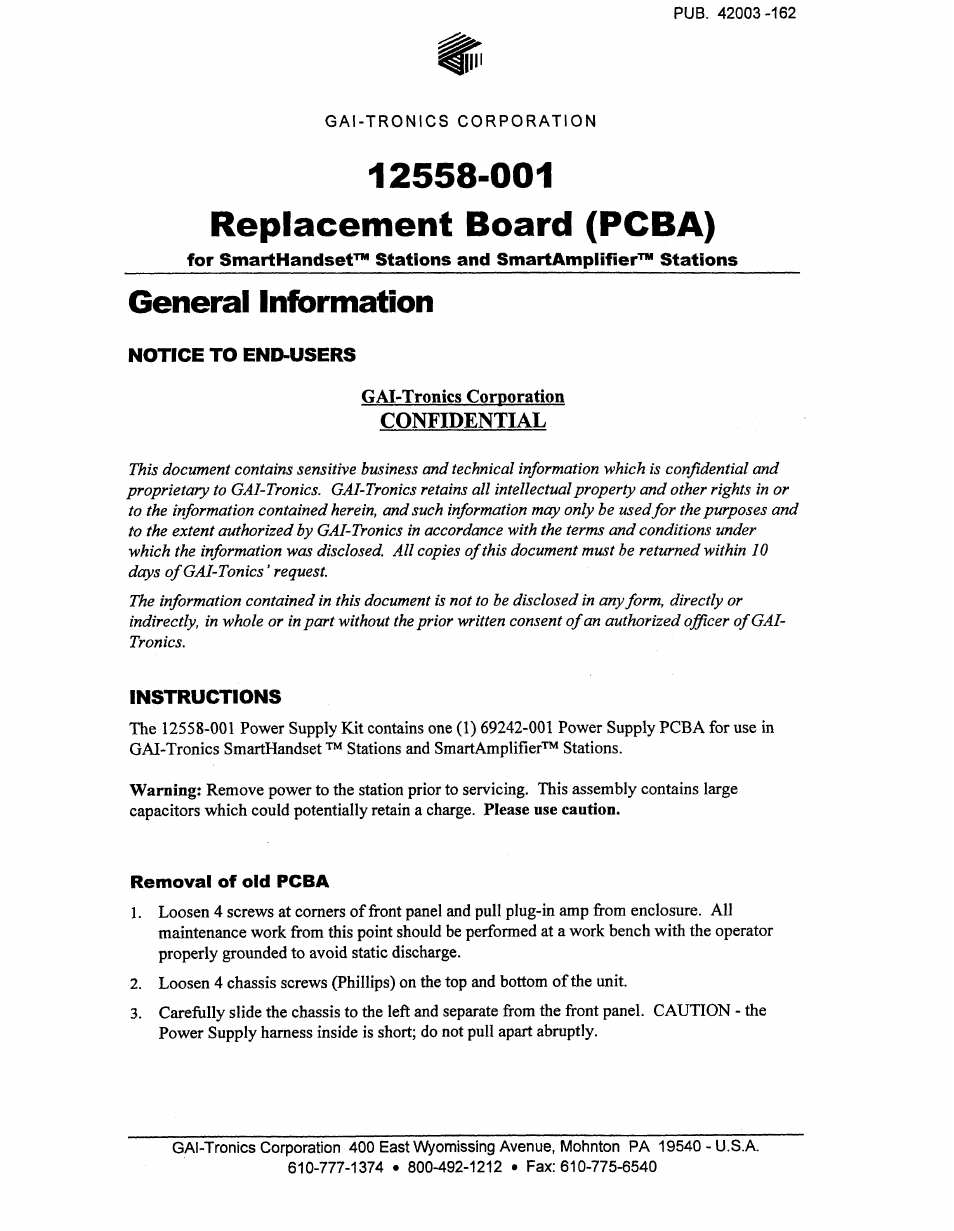 GAI-Tronics 12558-001 Smart Station Power Supply Replacement Kit User Manual | 3 pages