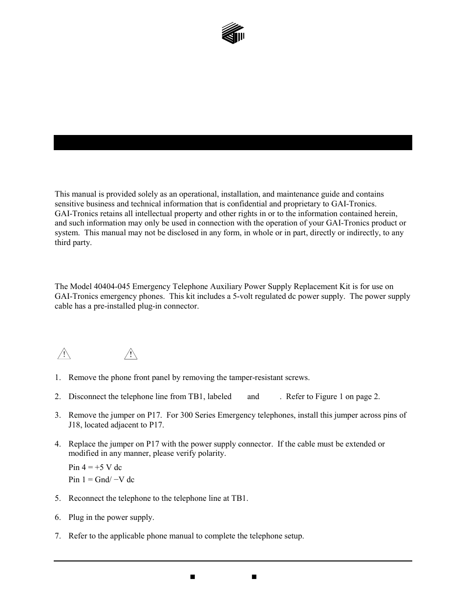 GAI-Tronics 40404-045 Emergency Telephone Auxiliary Power Supply Kit User Manual | 4 pages