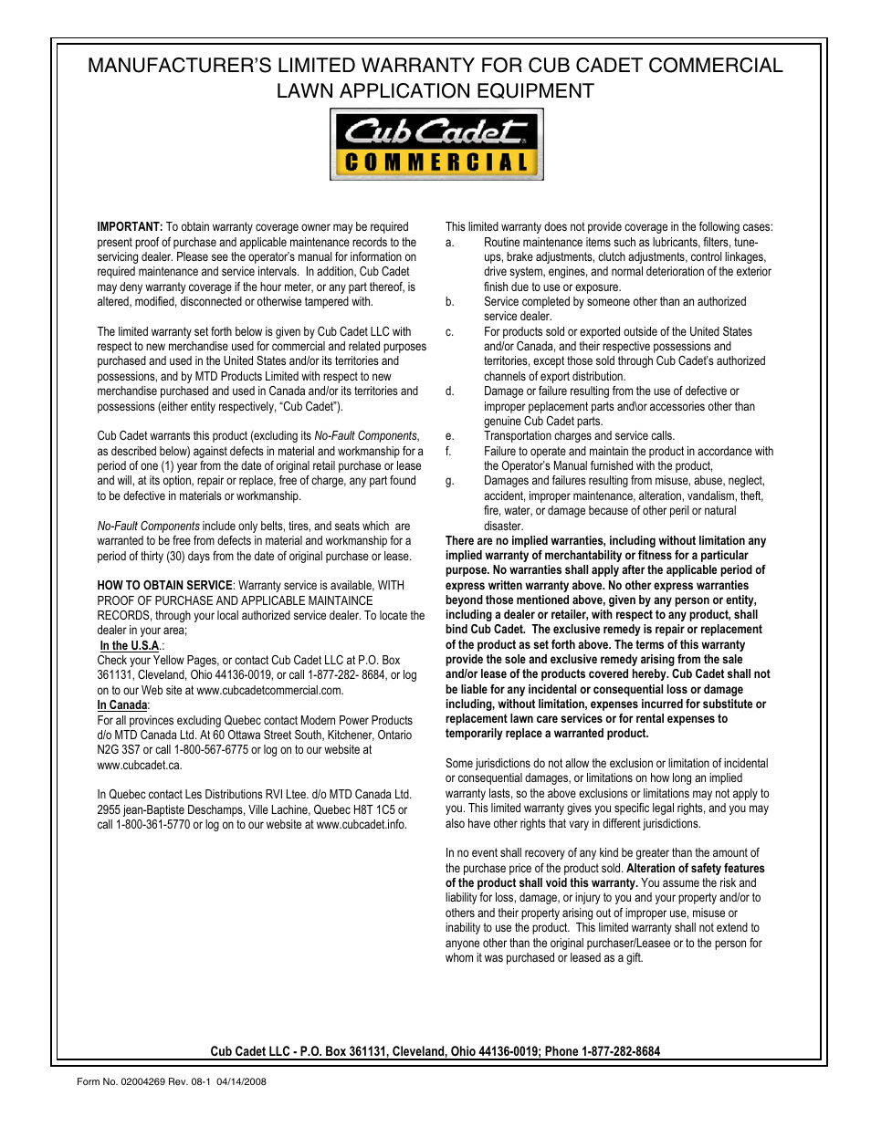 Cub Cadet 80 LB User Manual | Page 12 / 12