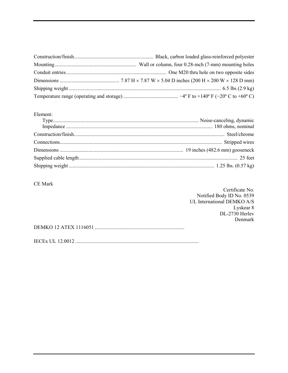 Specifications | GAI-Tronics 10438-101 Intrinsically-Safe Microphone Barrier Kit User Manual | Page 6 / 7