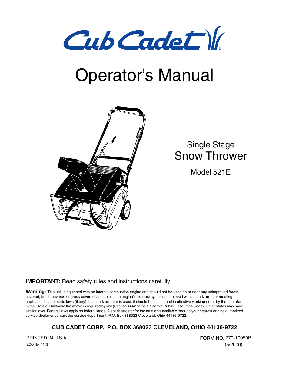 Cub Cadet 521E User Manual | 20 pages