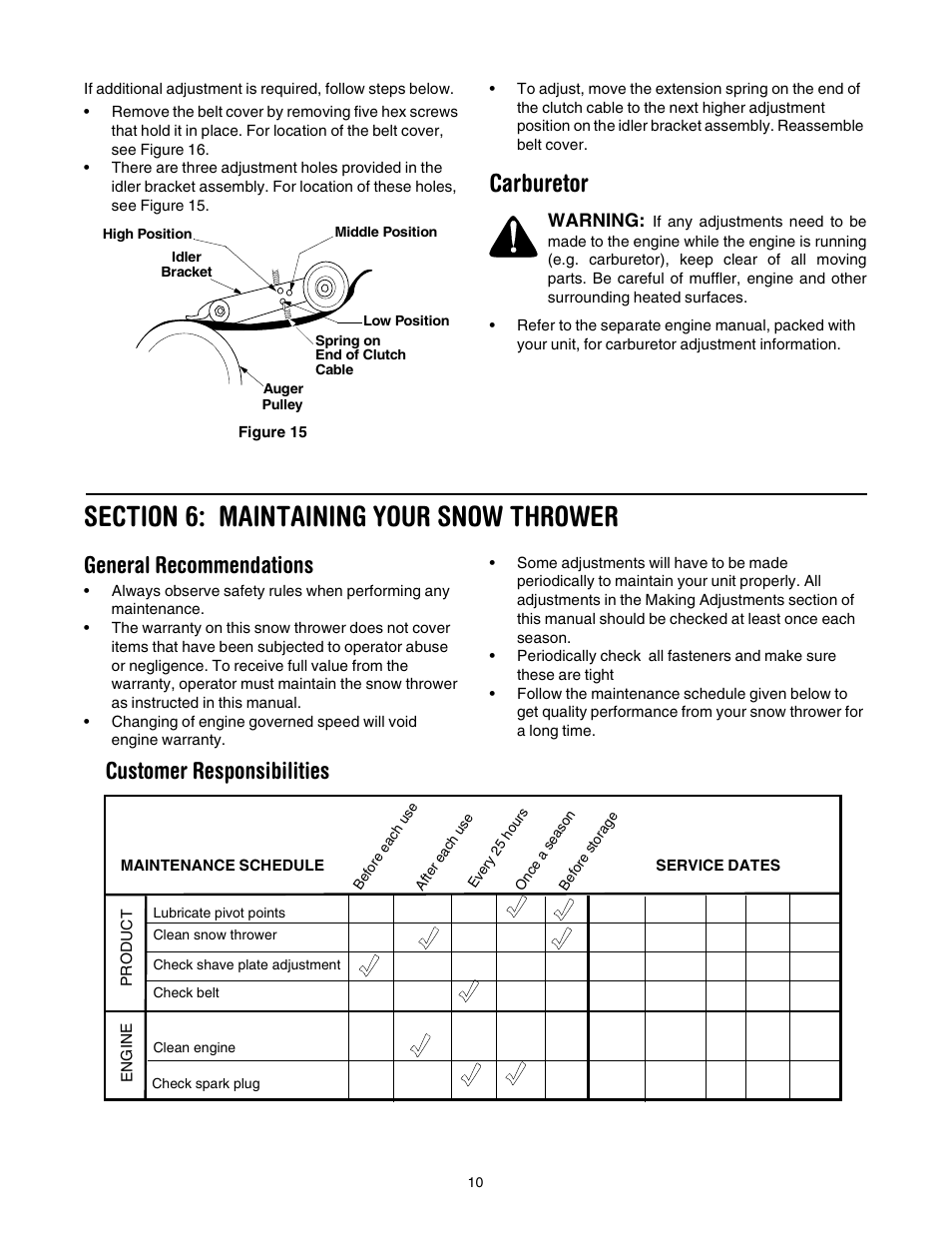 Carburetor, General recommendations, Customer responsibilities | Cub Cadet 521E User Manual | Page 10 / 20