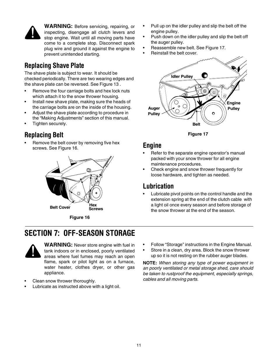 Replacing shave plate, Replacing belt, Engine | Lubrication | Cub Cadet 521E User Manual | Page 11 / 20