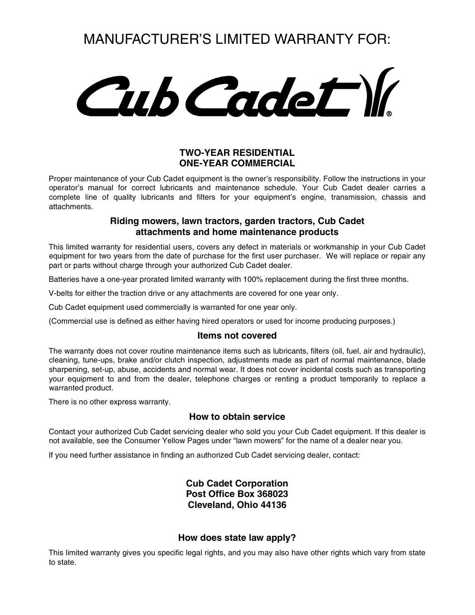 Manufacturer’s limited warranty for | Cub Cadet 521E User Manual | Page 20 / 20