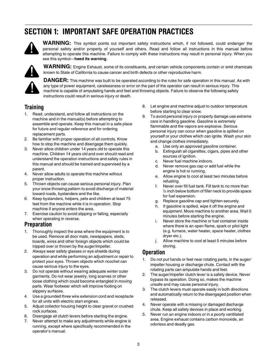 Training, Preparation, Operation | Cub Cadet 521E User Manual | Page 3 / 20