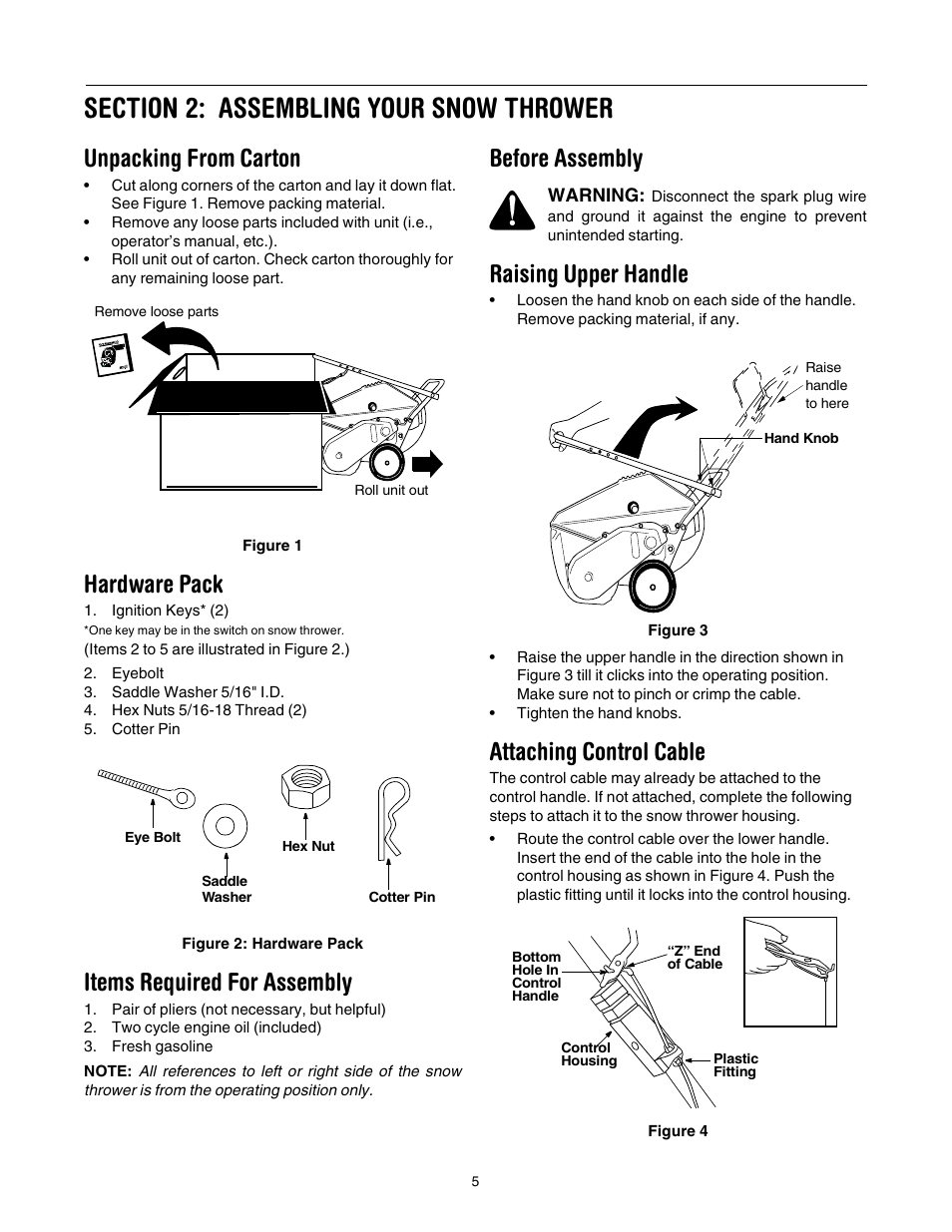 Unpacking from carton, Hardware pack, Items required for assembly | Before assembly, Raising upper handle, Attaching control cable | Cub Cadet 521E User Manual | Page 5 / 20