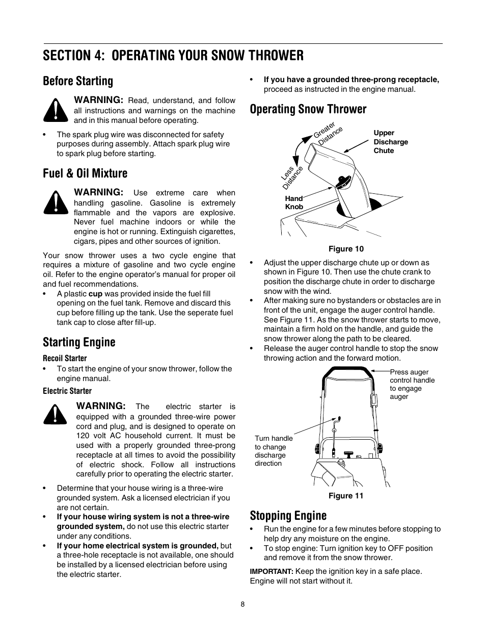 Before starting, Fuel & oil mixture, Starting engine | Operating snow thrower, Stopping engine | Cub Cadet 521E User Manual | Page 8 / 20