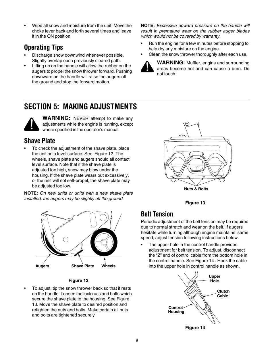 Operating tips, Shave plate, Belt tension | Cub Cadet 521E User Manual | Page 9 / 20