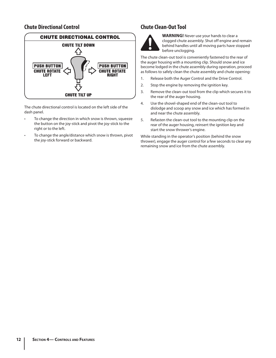Chute directional control, Chute clean-out tool | Cub Cadet 526 WE User Manual | Page 12 / 24