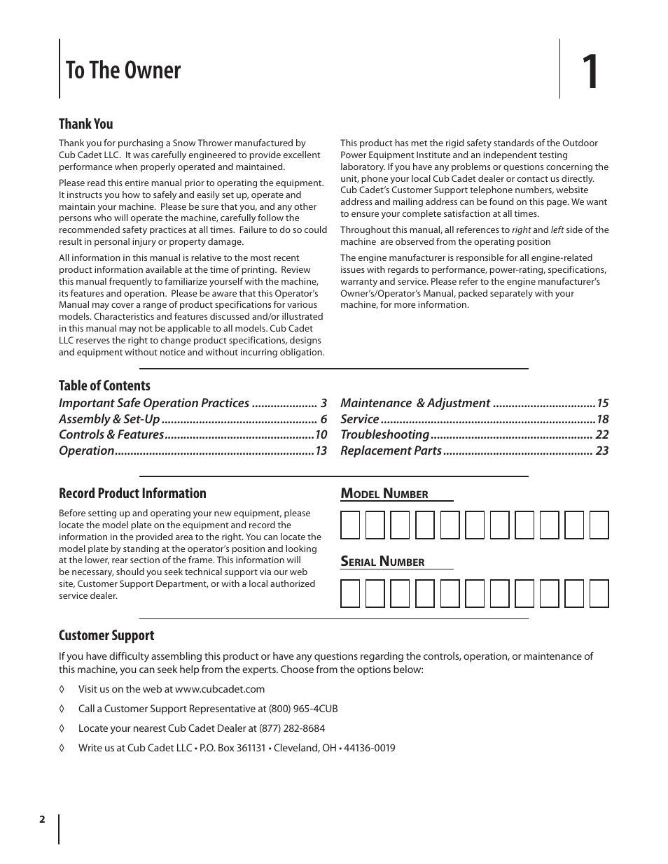 Record product information, Table of contents m, Customer support | Cub Cadet 526 WE User Manual | Page 2 / 24