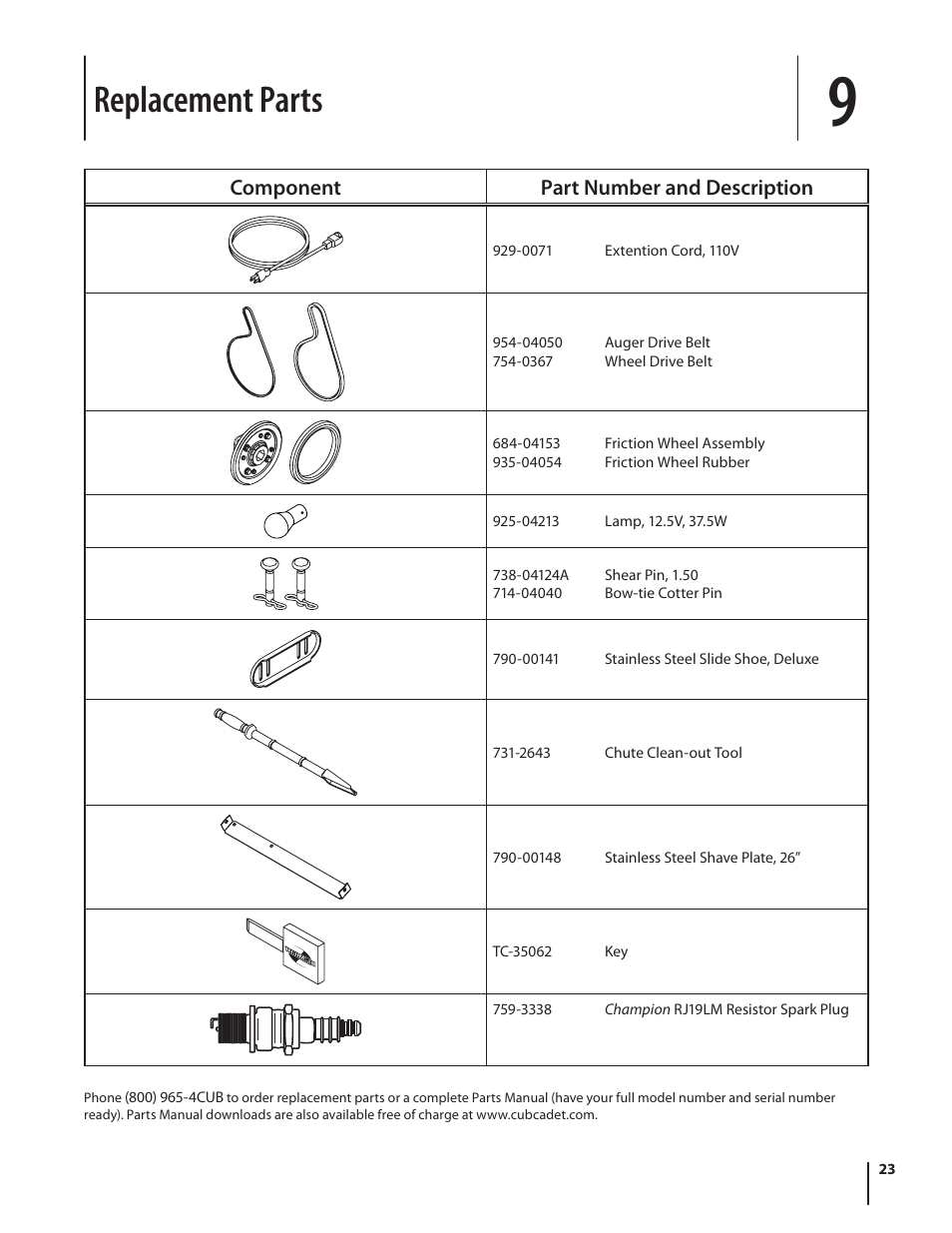 Replacement parts | Cub Cadet 526 WE User Manual | Page 23 / 24