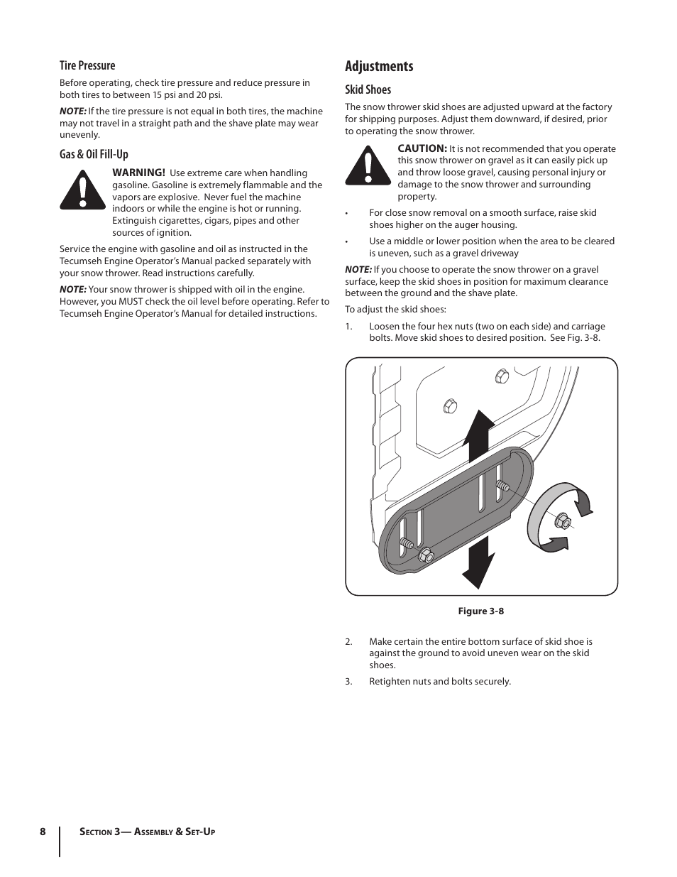 Adjustments, Tire pressure, Gas & oil fill-up | Skid shoes | Cub Cadet 526 WE User Manual | Page 8 / 24