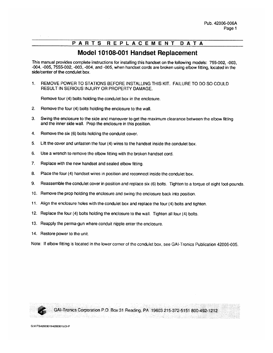 GAI-Tronics 10108-001 Model 10108-001 Handset Replacement User Manual | 2 pages