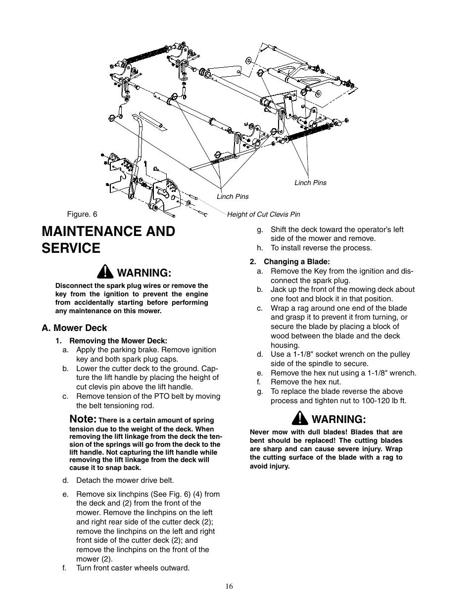 Maintenance and service, Warning | Cub Cadet 48-inch User Manual | Page 16 / 32