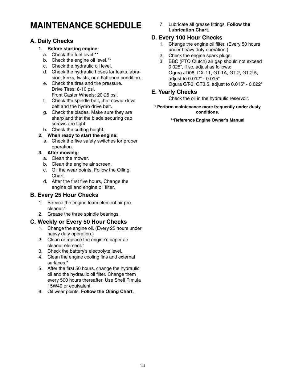 Maintenance schedule | Cub Cadet 48-inch User Manual | Page 24 / 32