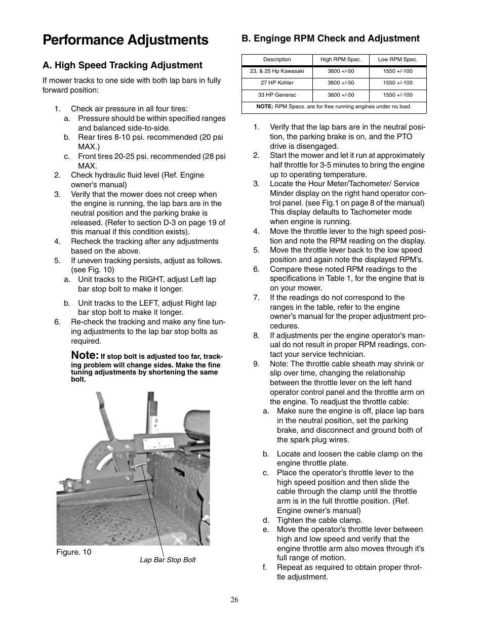 Performance adjustments, A. high speed tracking adjustment, B. enginge rpm check and adjustment | Cub Cadet 48-inch User Manual | Page 26 / 32