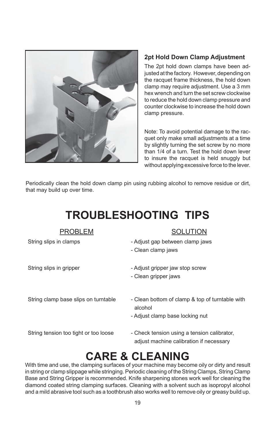 Troubleshooting tips care & cleaning | GAMMA 5003 STRINGING MACHINE 2 POINT SC MOUNTING (Issue 5B - February 2014) User Manual | Page 19 / 24