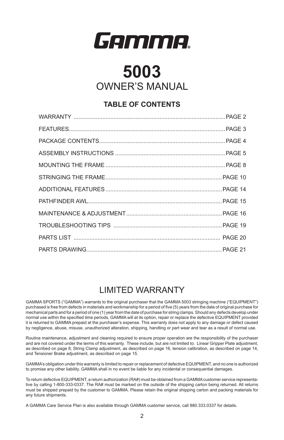 Owner’s manual, Limited warranty | GAMMA 5003 STRINGING MACHINE 2 POINT SC MOUNTING (Issue 5B - February 2014) User Manual | Page 2 / 24
