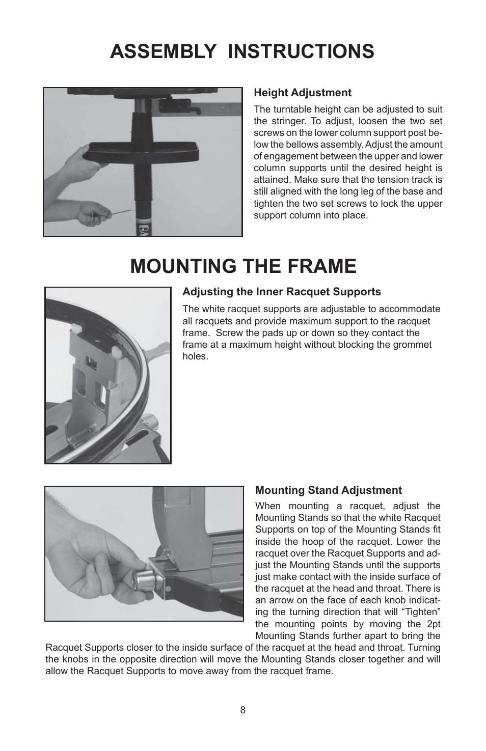 Mounting the frame, Assembly instructions | GAMMA 5003 STRINGING MACHINE 2 POINT SC MOUNTING (Issue 5B - February 2014) User Manual | Page 8 / 24