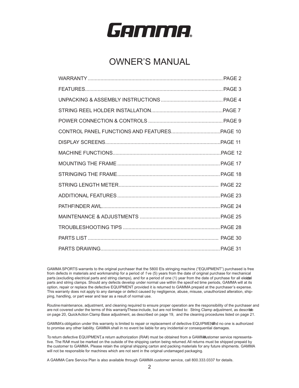 GAMMA 5800 Els STRINGING MACHINE 2 POINT SC MOUNTING (Issue 6 - July 2014) User Manual | Page 2 / 32