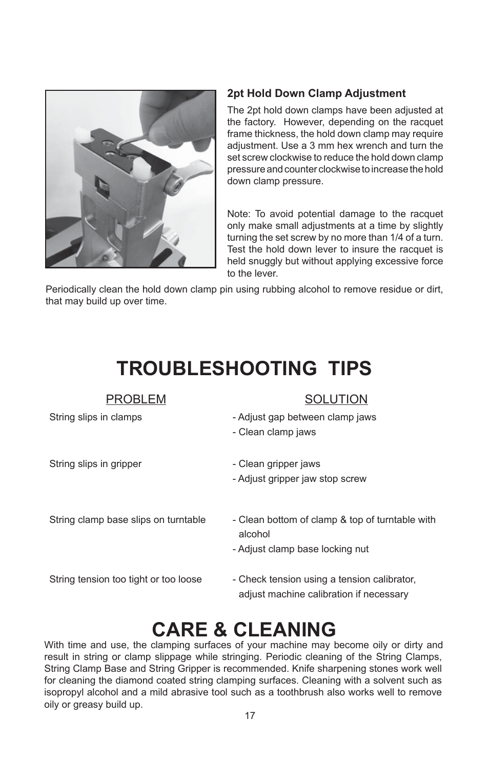 Troubleshooting tips care & cleaning | GAMMA 6004 STRINGING MACHINE 2 POINT SC MOUNTING (Issue 5C - February 2014) User Manual | Page 17 / 20