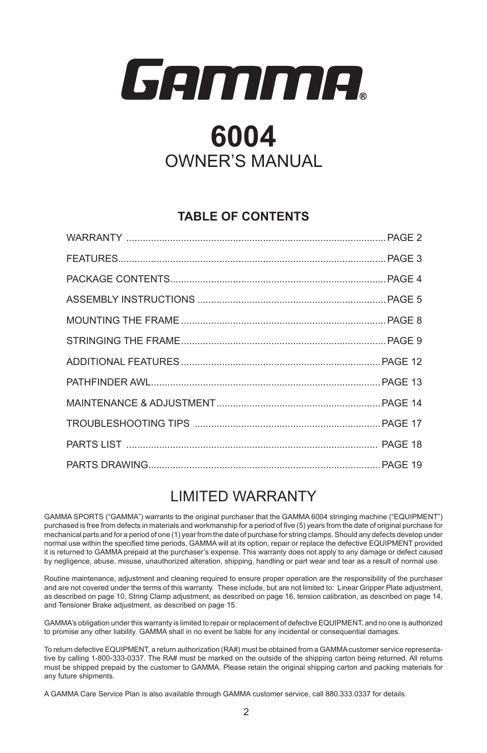 Owner’s manual, Limited warranty | GAMMA 6004 STRINGING MACHINE 2 POINT SC MOUNTING (Issue 5C - February 2014) User Manual | Page 2 / 20