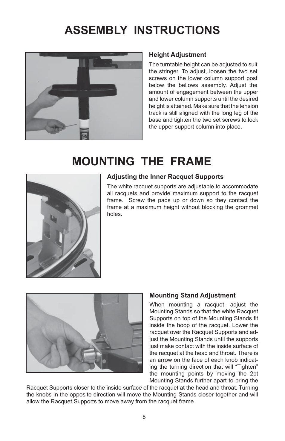 Assembly instructions mounting the frame | GAMMA 6004 STRINGING MACHINE 2 POINT SC MOUNTING (Issue 5C - February 2014) User Manual | Page 8 / 20