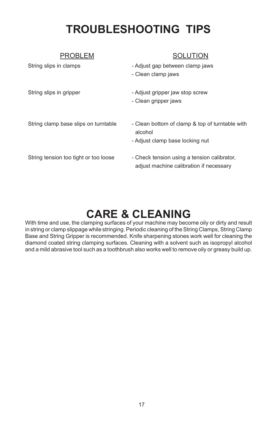 Troubleshooting tips care & cleaning | GAMMA 6004 STRINGING MACHINE 6 POINT SC MOUNTING (Issue 11A - February 2014) User Manual | Page 17 / 20