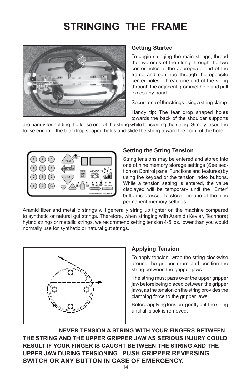 Stringing the frame, Caution | GAMMA 6900 Els STRINGING MACHINE 2 POINT SC MOUNTING (Issue 4B - February 2014) User Manual | Page 13 / 24