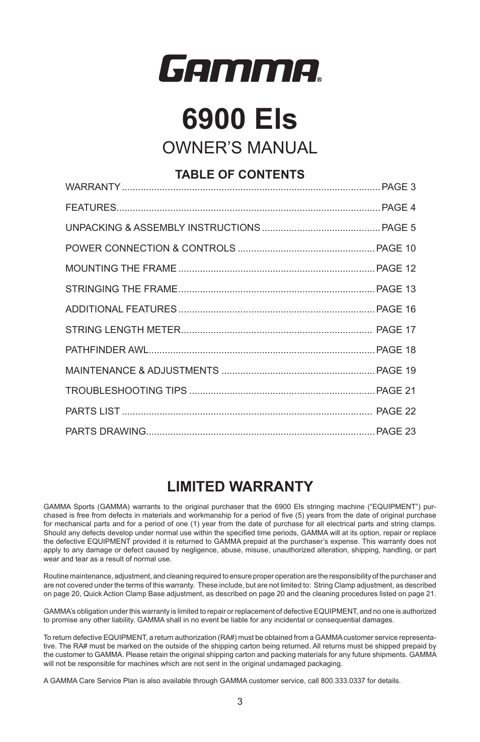 6900 els, Owner’s manual, Limited warranty | GAMMA 6900 Els STRINGING MACHINE 2 POINT SC MOUNTING (Issue 4B - February 2014) User Manual | Page 2 / 24