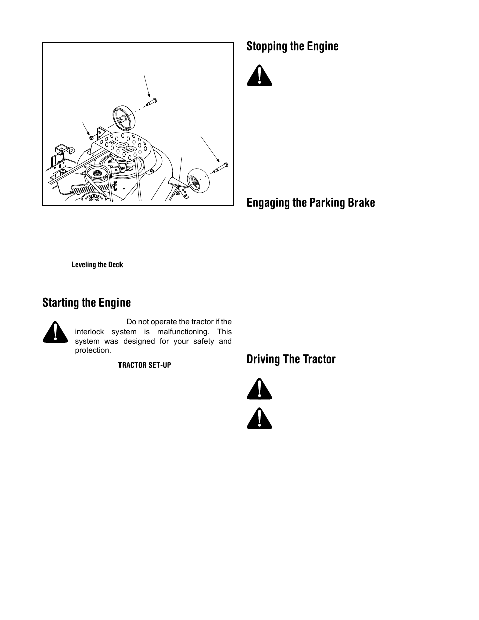 Starting the engine, Stopping the engine, Engaging the parking brake | Driving the tractor | Cub Cadet LT1024 User Manual | Page 13 / 28