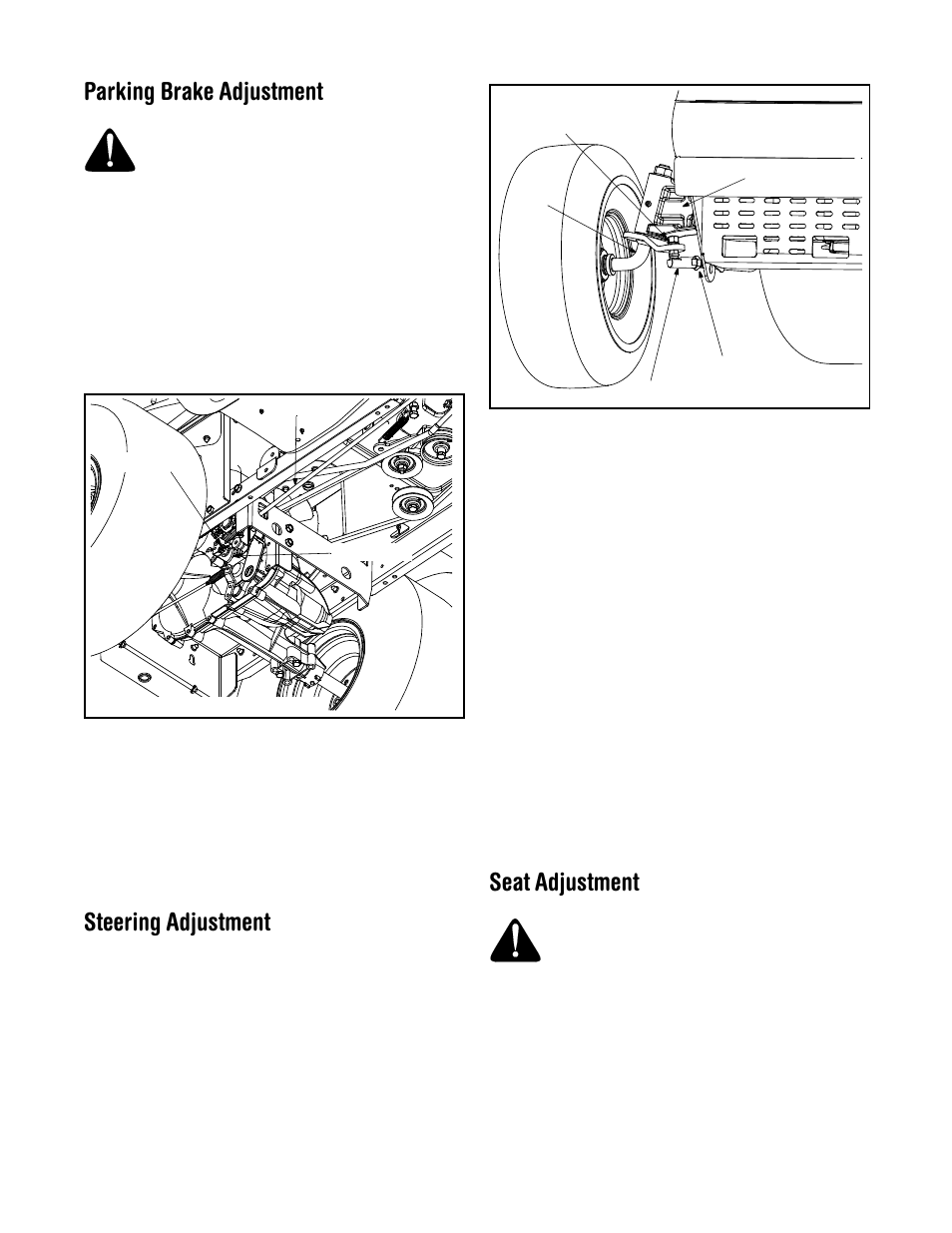 Parking brake adjustment, Steering adjustment, Seat adjustment | Cub Cadet LT1024 User Manual | Page 17 / 28