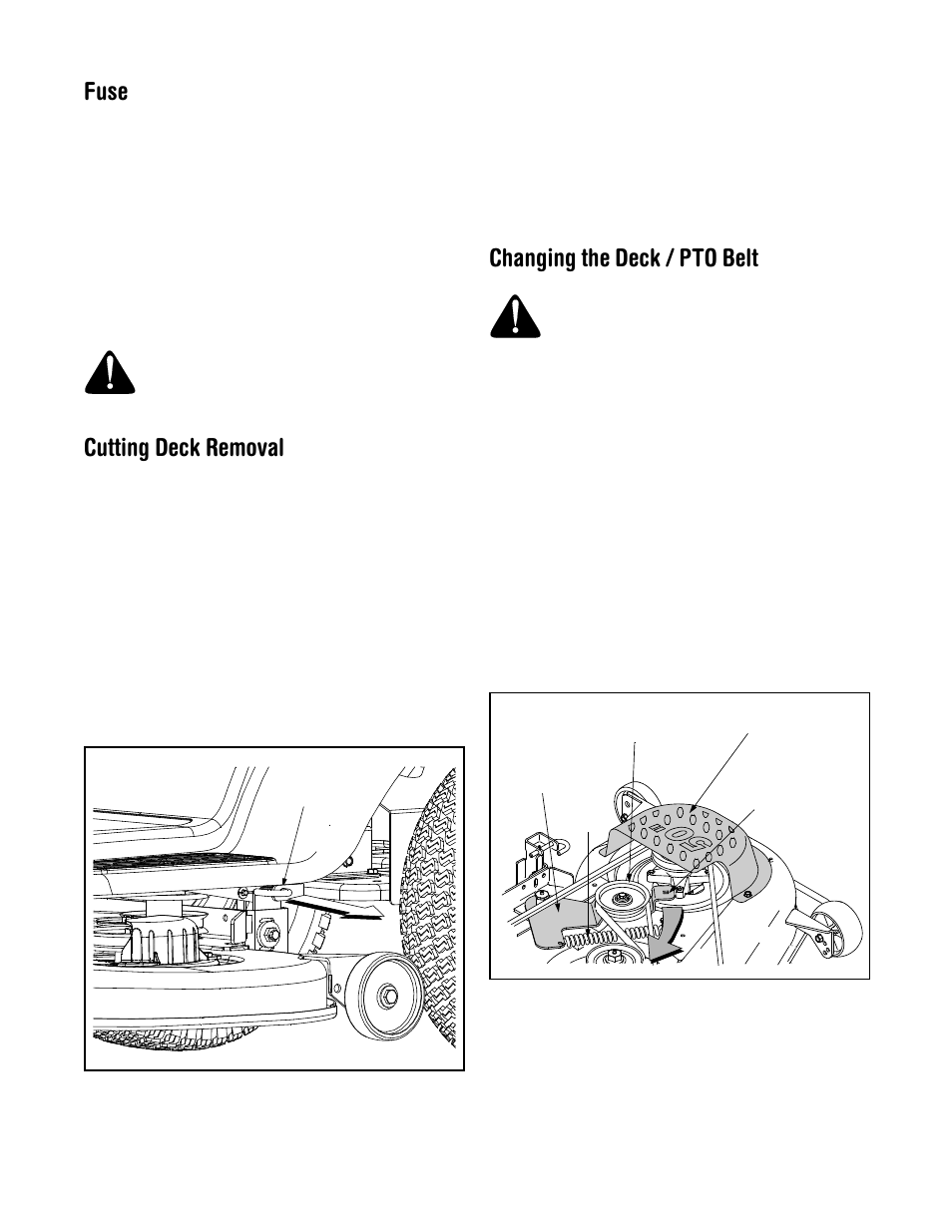 Fuse, Cutting deck removal, Changing the deck / pto belt | Cub Cadet LT1024 User Manual | Page 21 / 28