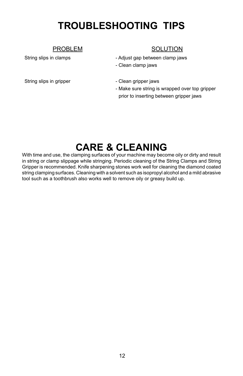 Care & cleaning, Troubleshooting tips | GAMMA PROGRESSION 200 STRINGING MACHINE (Issue 1 - July 2010) User Manual | Page 12 / 16