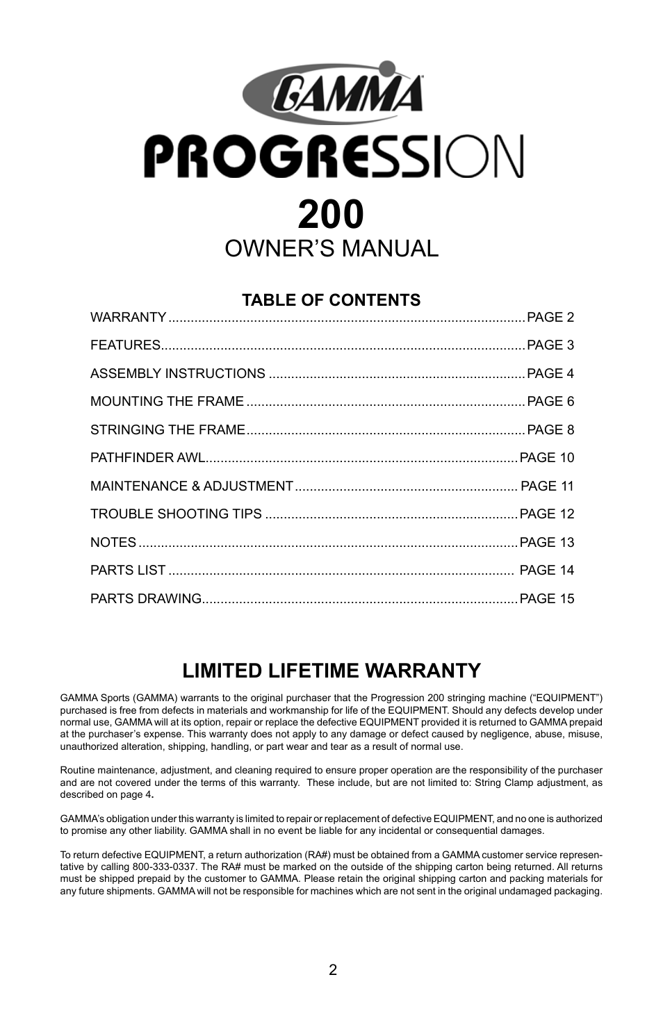 GAMMA PROGRESSION 200 STRINGING MACHINE (Issue 1 - July 2010) User Manual | Page 2 / 16