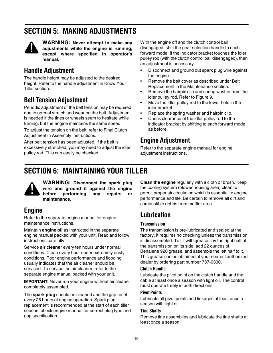 Handle adjustment, Belt tension adjustment, Engine adjustment | Engine, Lubrication | Cub Cadet 454 User Manual | Page 10 / 20