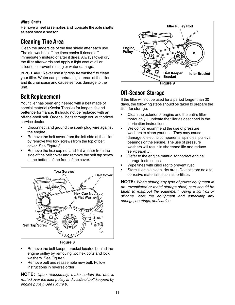 Figure 8, Figure 9, Cleaning tine area | Belt replacement, Off-season storage | Cub Cadet 454 User Manual | Page 11 / 20