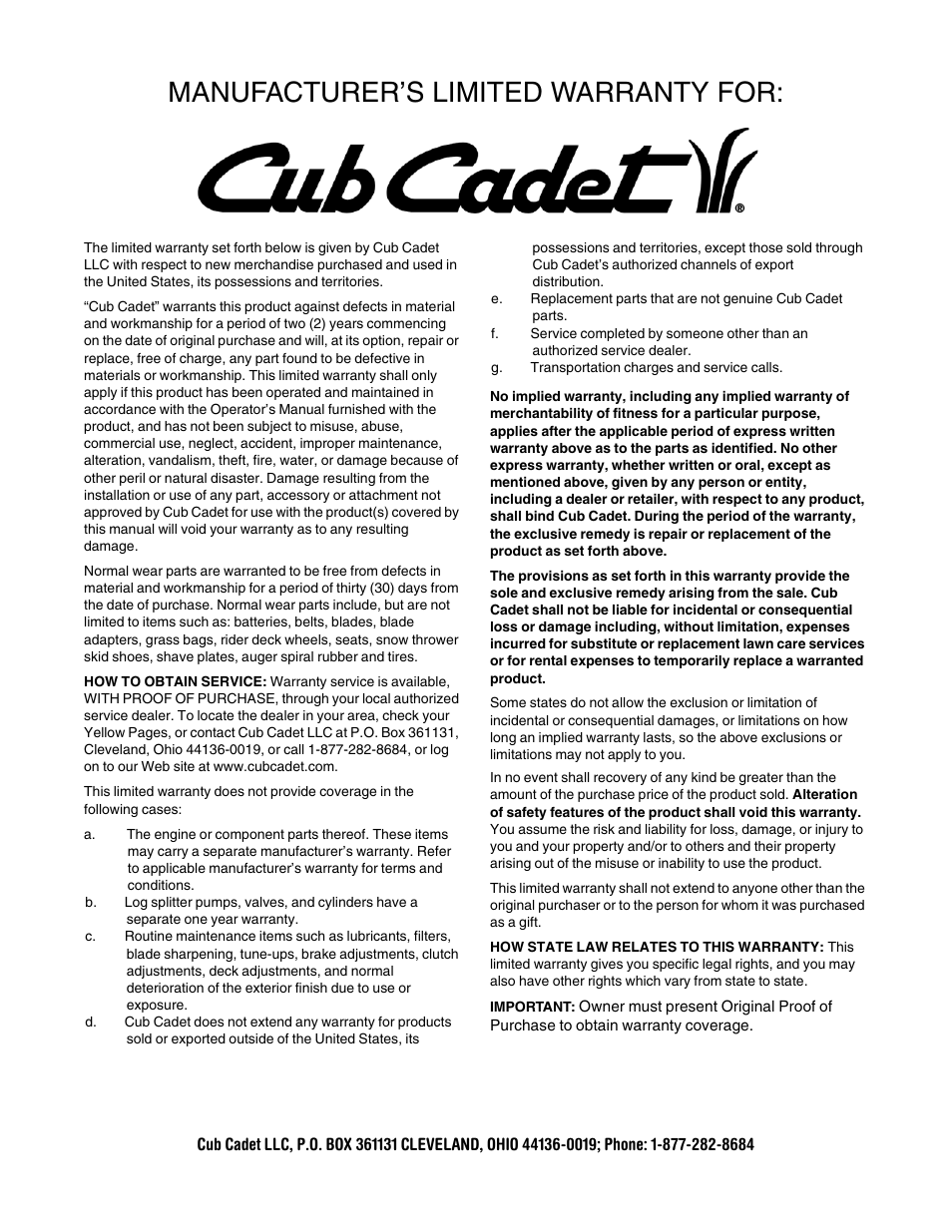 Manufacturer’s limited warranty for | Cub Cadet 454 User Manual | Page 20 / 20