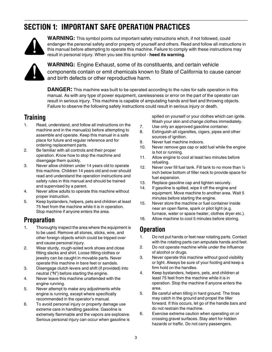 Training, Preparation, Operation | Cub Cadet 454 User Manual | Page 3 / 20