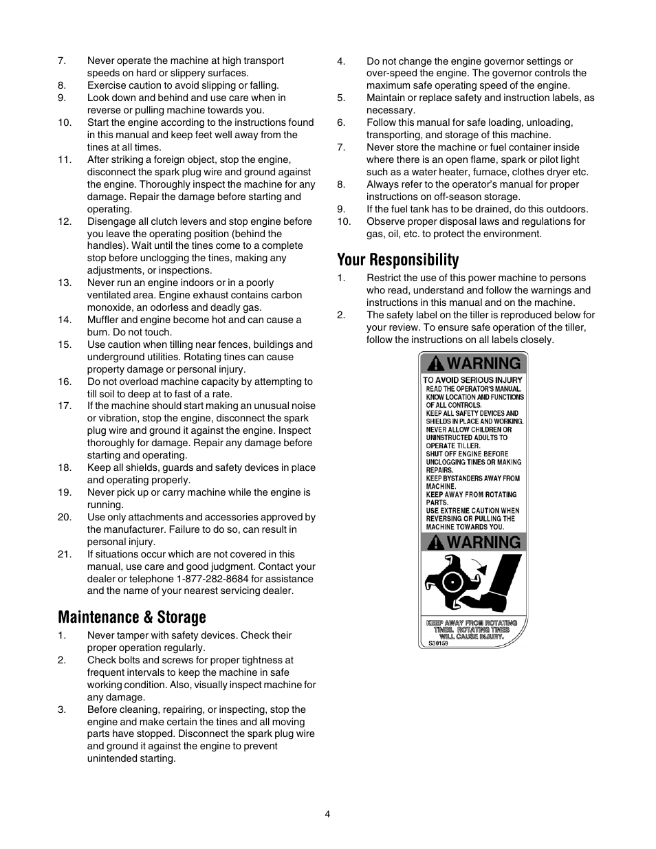 Maintenance & storage, Your responsibility | Cub Cadet 454 User Manual | Page 4 / 20