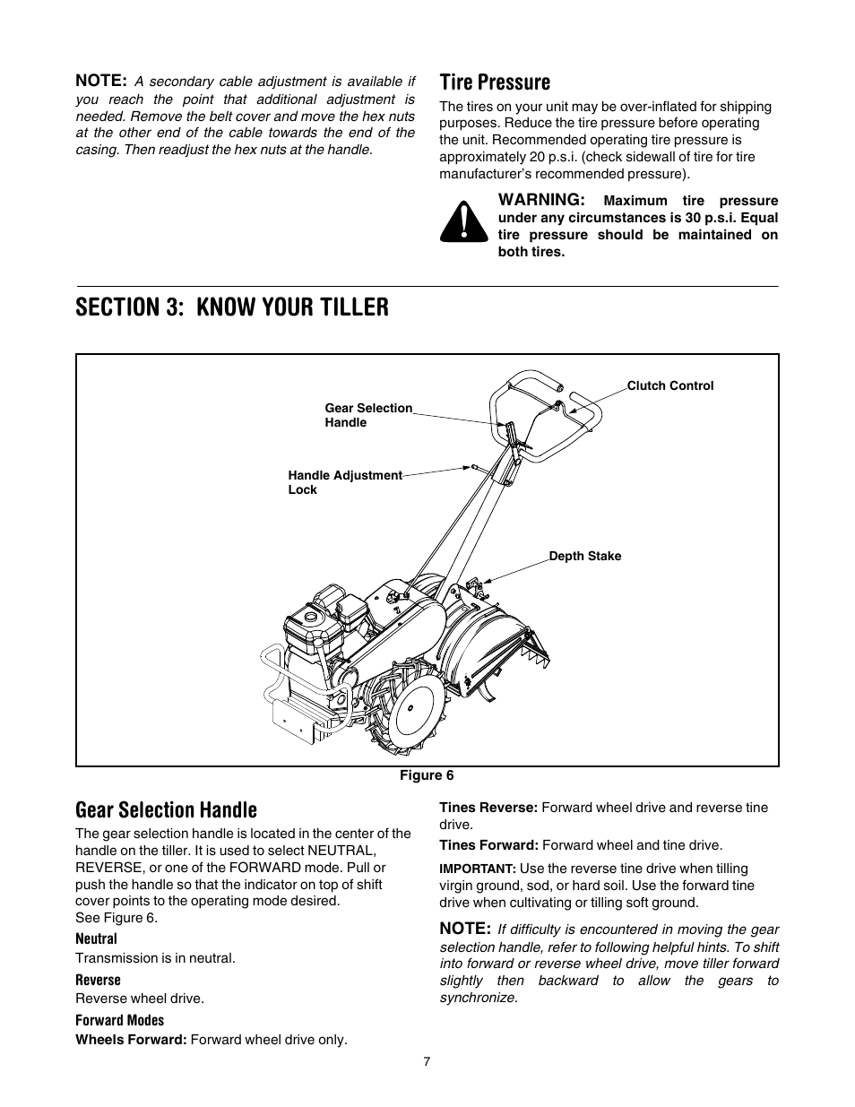 Figure 6, Ee figure 6, Tire pressure | Gear selection handle | Cub Cadet 454 User Manual | Page 7 / 20