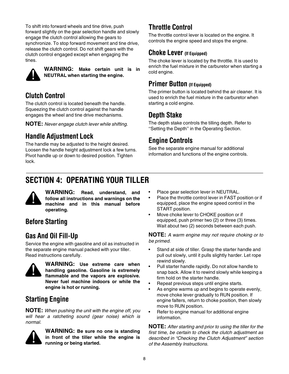 Note: never engage clutch lever while shifting, Clutch control, Handle adjustment lock | Throttle control, Choke lever, Primer button, Depth stake, Engine controls, Before starting gas and oil fill-up, Starting engine | Cub Cadet 454 User Manual | Page 8 / 20