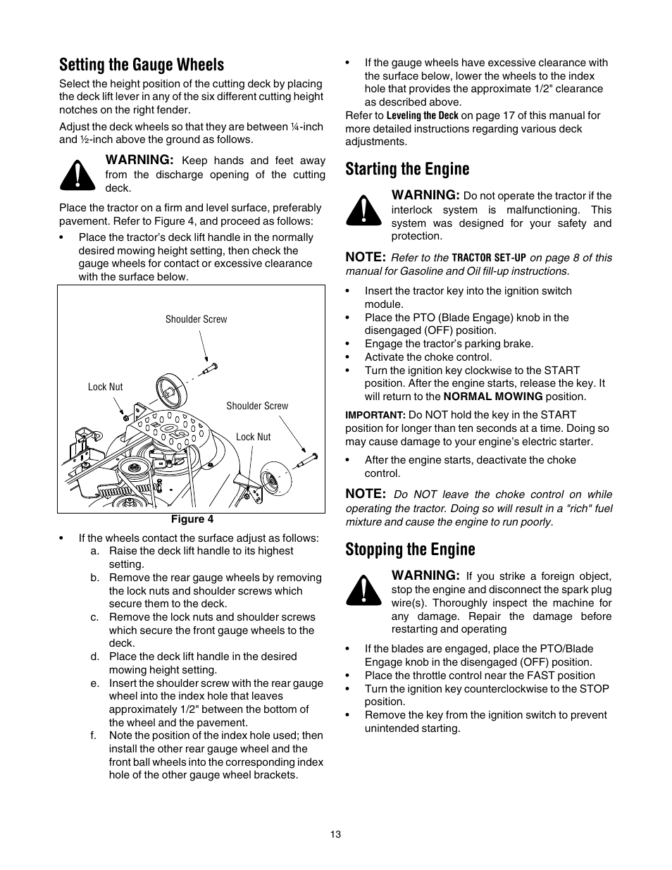 Setting the gauge wheels, Starting the engine, Stopping the engine | E 13, 13 of | Cub Cadet LT1042 User Manual | Page 13 / 40