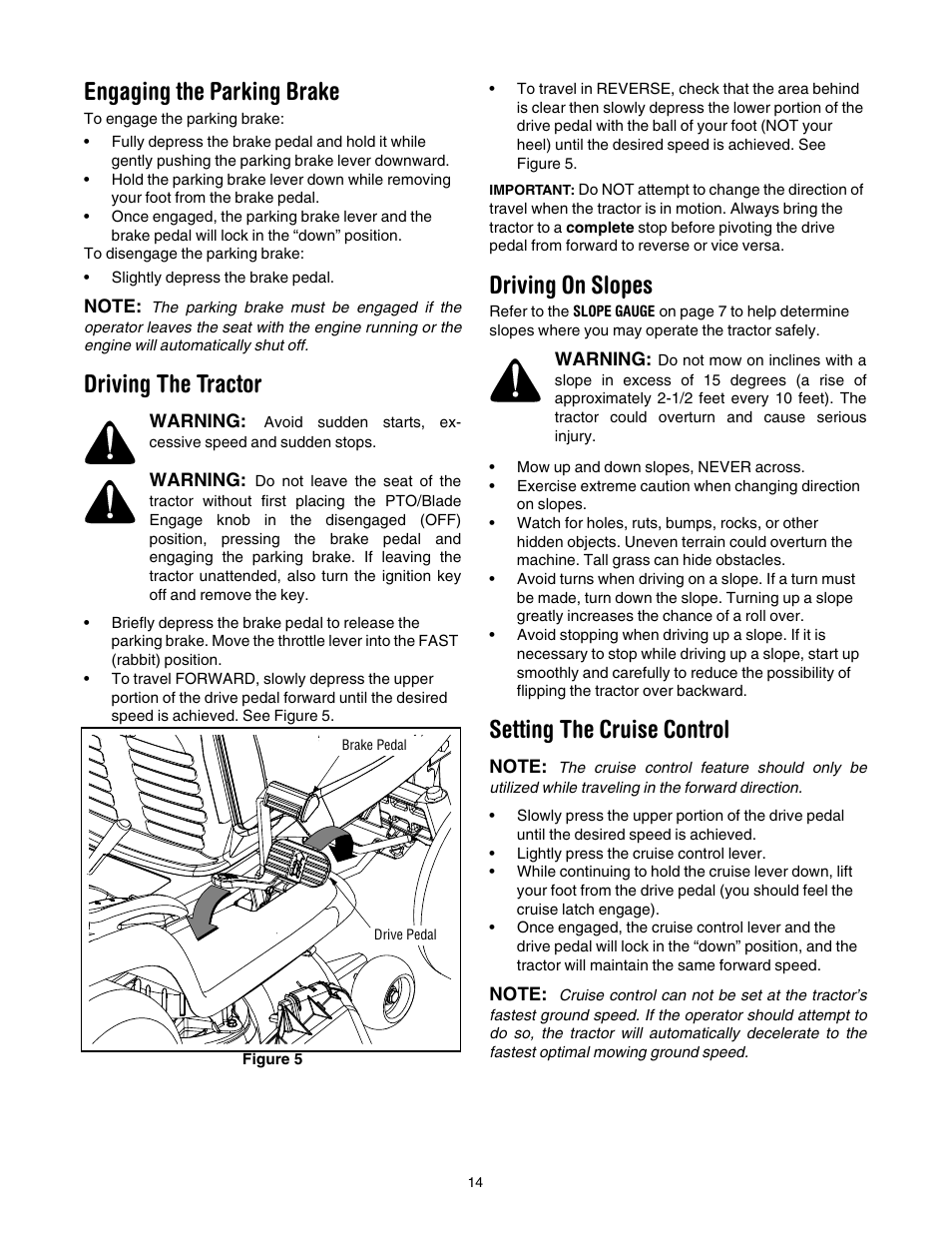 Engaging the parking brake, Driving the tractor, Driving on slopes | Setting the cruise control | Cub Cadet LT1042 User Manual | Page 14 / 40