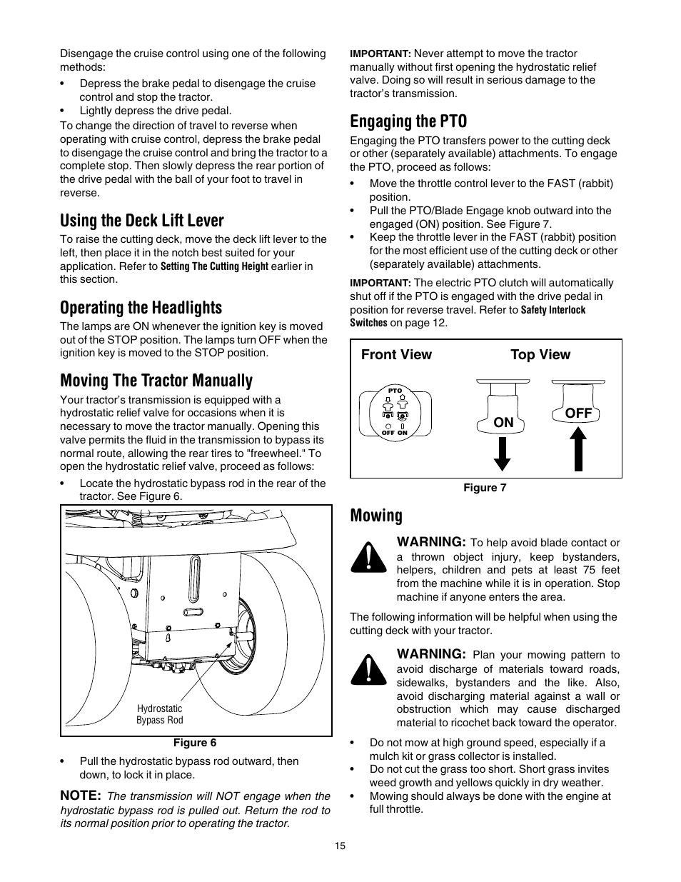 Using the deck lift lever, Operating the headlights, Moving the tractor manually | Engaging the pto, Mowing | Cub Cadet LT1042 User Manual | Page 15 / 40