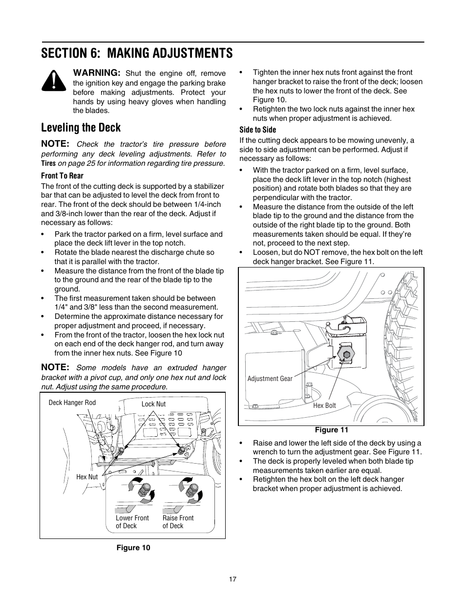 Section 6: making adjustments, Leveling the deck | Cub Cadet LT1042 User Manual | Page 17 / 40