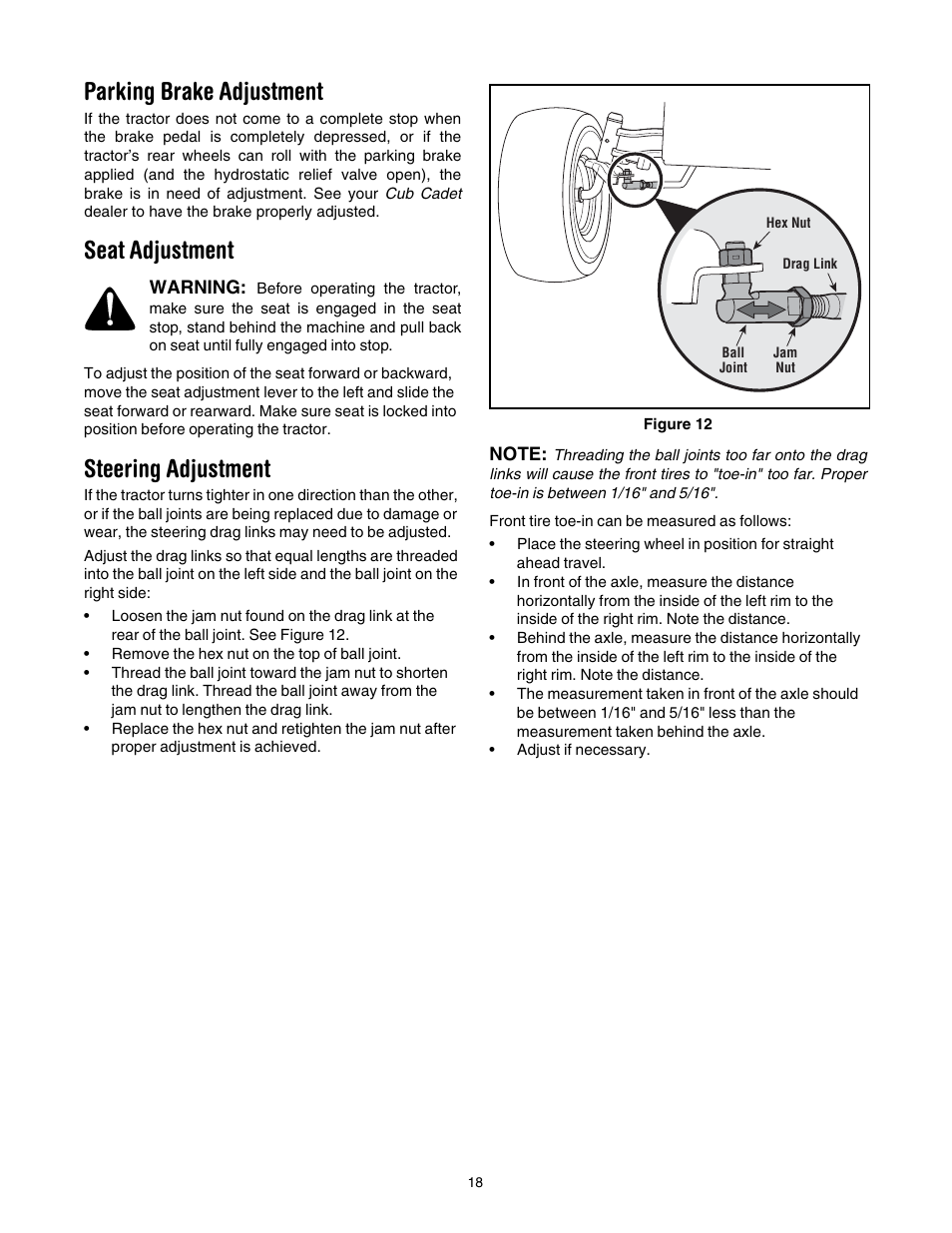 Parking brake adjustment, Seat adjustment, Steering adjustment | 18 of, See fig, E figu, Figu | Cub Cadet LT1042 User Manual | Page 18 / 40